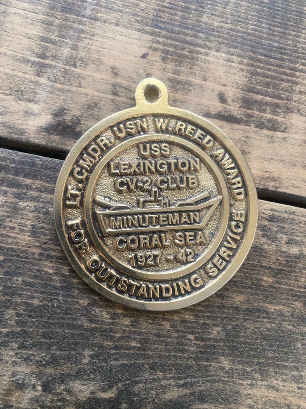 USS Lexington CV-2 Club Minuteman Coral Sea Medallion - Gold Tone